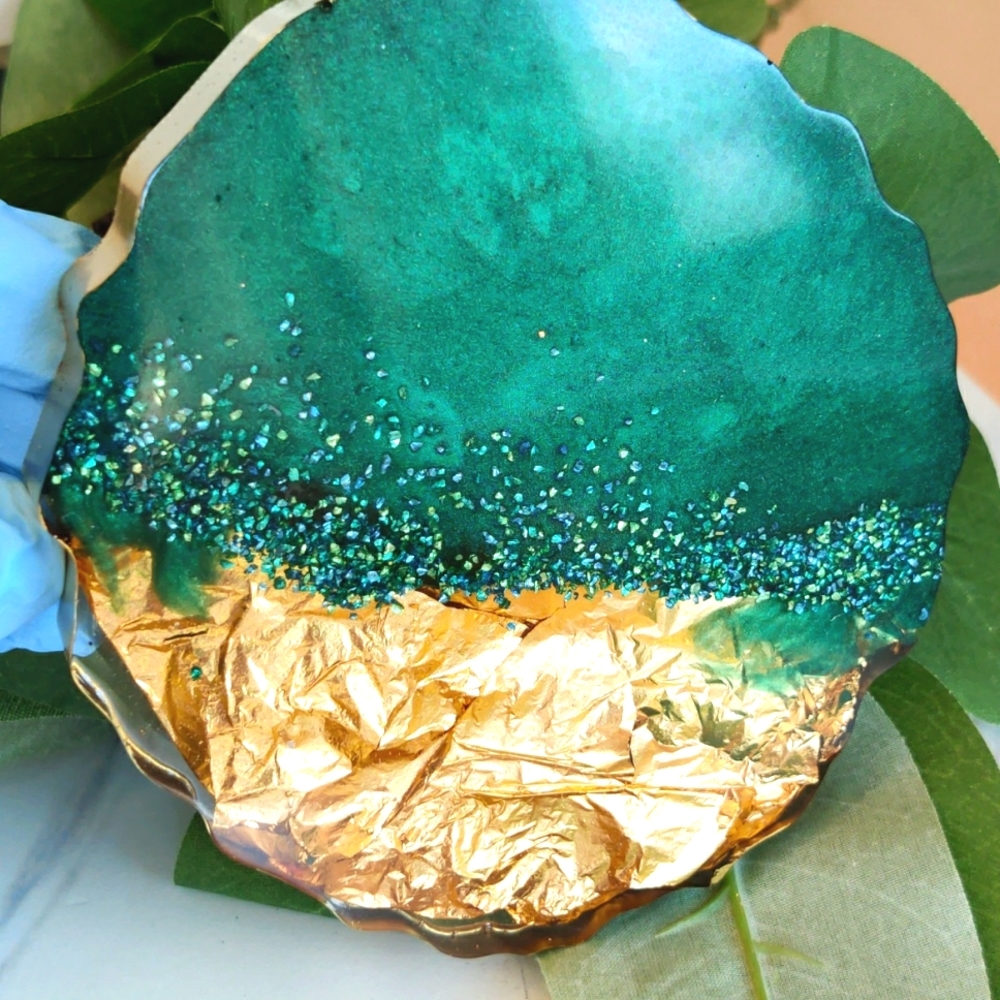 Handmade Gold Leaf and Dark Green Resin Coasters
